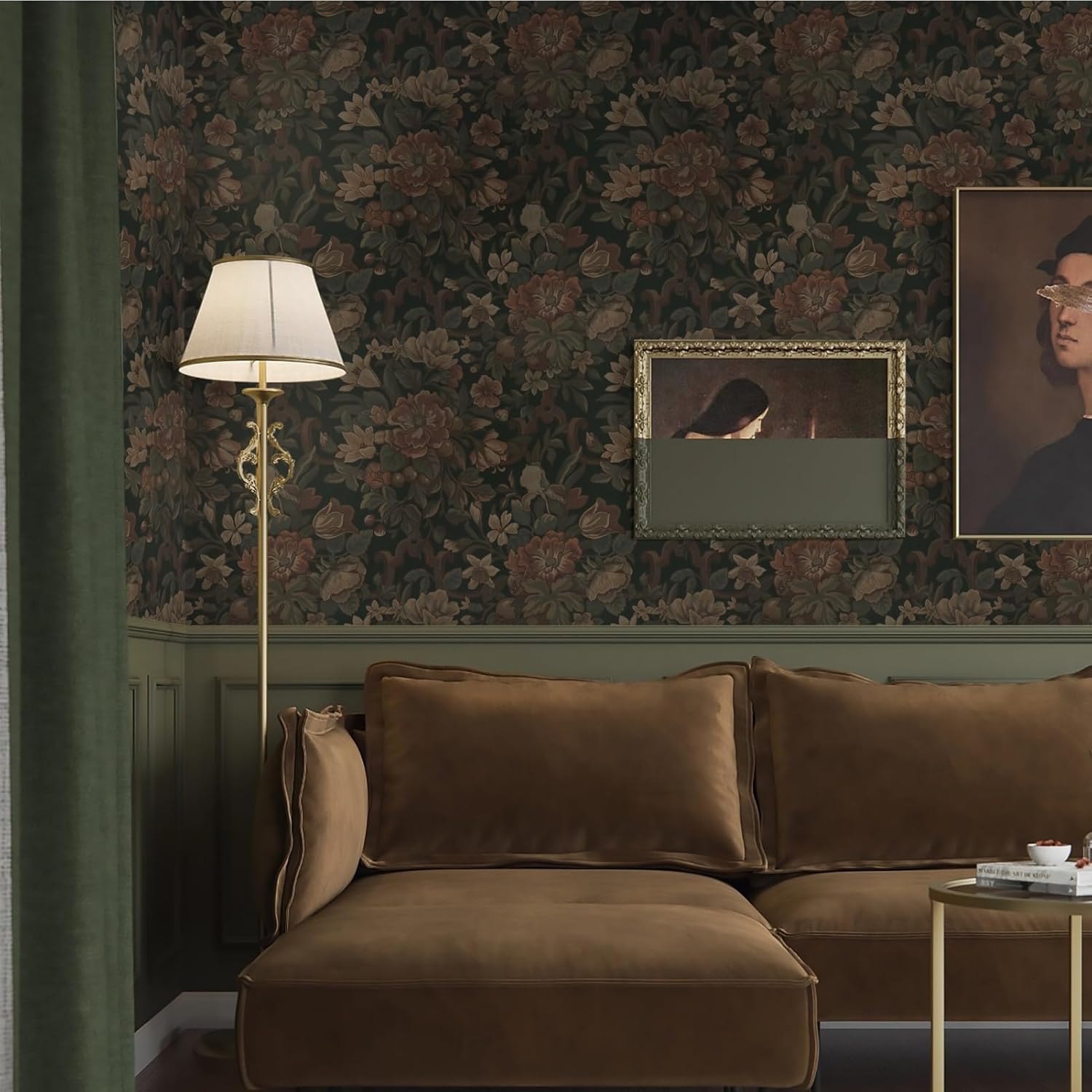 Dimoon Vintage Peel and Stick Wallpaper Dark Green Floral Wall Paper 16.1"x393" Retro Vict