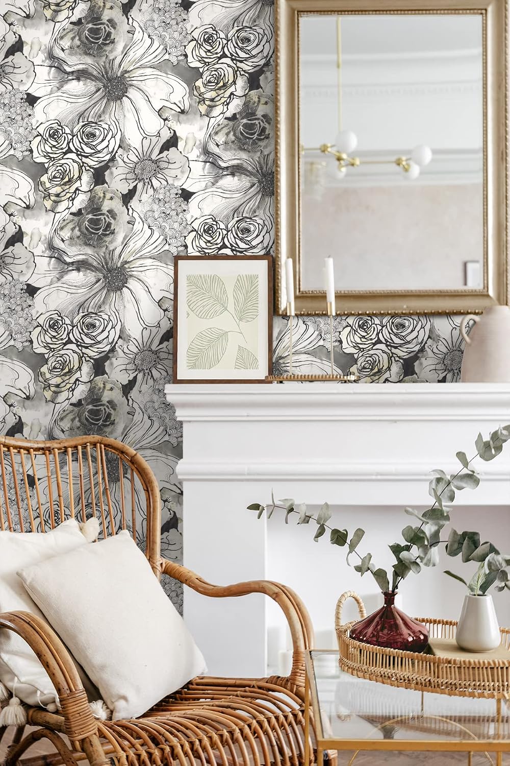 NextWall Harry & Grace Ink Rose Abstract Floral Peel and Stick Wallpaper (Onyx)